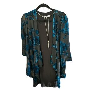 Studio One New York Black Teal Floral Velvet Overlay Dress with Necklace |Size S